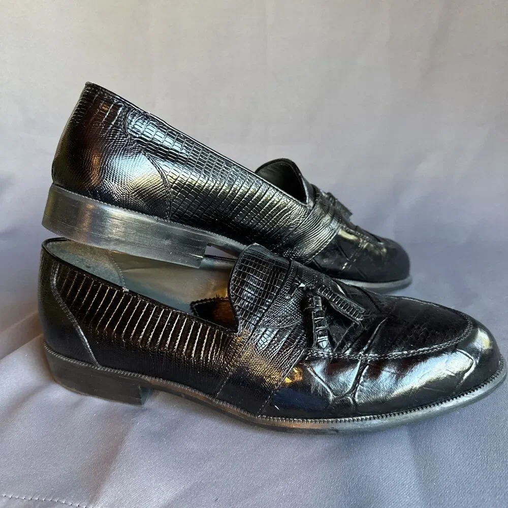 Stacy Adams Black Loafers 11 M Tassel Slip On Dress Shoes Mens Leather Snake